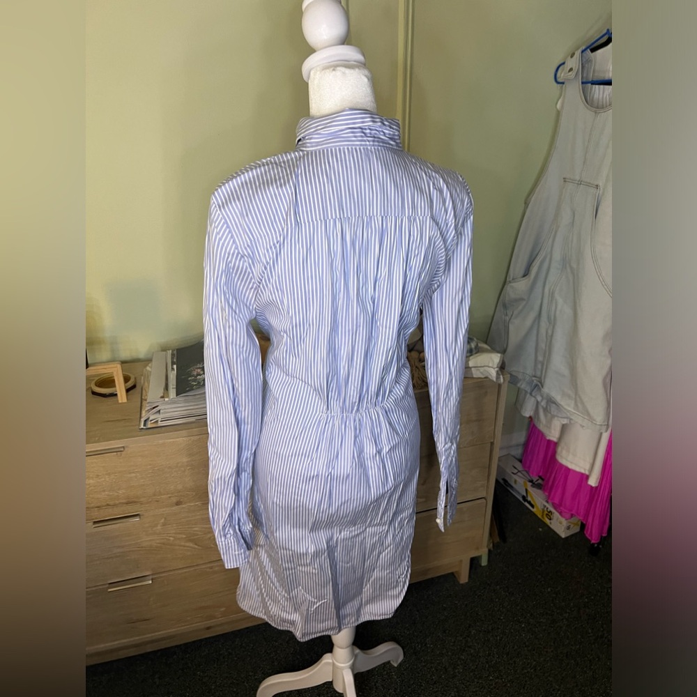 ANN TAYLOR Blue & White Seersucker Stripe Wrap Button Down Modest Midi Dress M - Picture 9 of 16